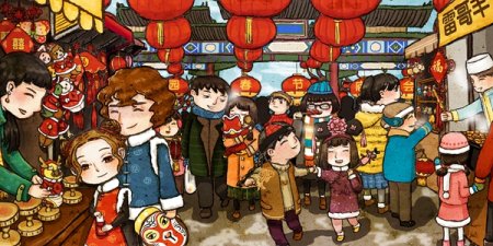绘本插画：北京的庙会。