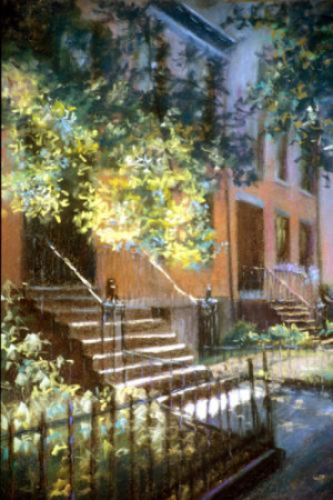 画家殷紫作品《红砖屋》。(美国《侨报》) 画家殷紫作品《红砖屋》。(美国《侨报》)
