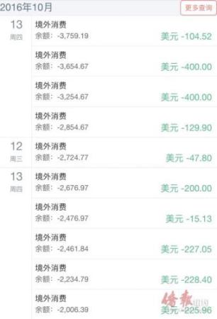 杨小姐提供的信用卡被盗刷记录。(美国《侨报》资料图 杨小姐提供) 杨小姐提供的信用卡被盗刷记录。(美国《侨报》资料图 杨小姐提供)