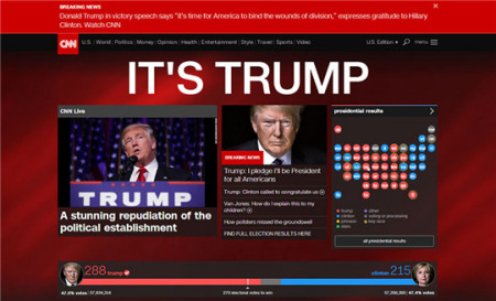 图为CNN发布的最终投票结果及特朗普当选新闻。（网页截图）