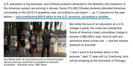 美国NBC在2015年的一篇报道中披露：中国留学生就为美国经济带来了268亿美元的收入。