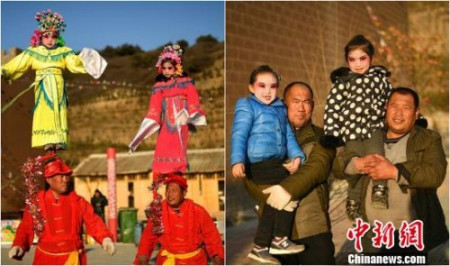 2月10日，山西太原台骀山，来自晋中农村的民间非遗艺人在表演社火前后对比。　韦亮 摄