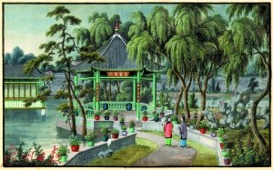 市民王恒向广州大元帅府纪念馆赠送的通草画，描绘当年十三行行商所建花园中的“百花亭”园景。