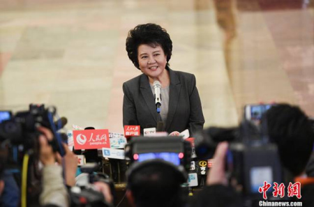 裘援平在“部长通道”接受记者采访。 裘援平在“部长通道”接受记者采访。