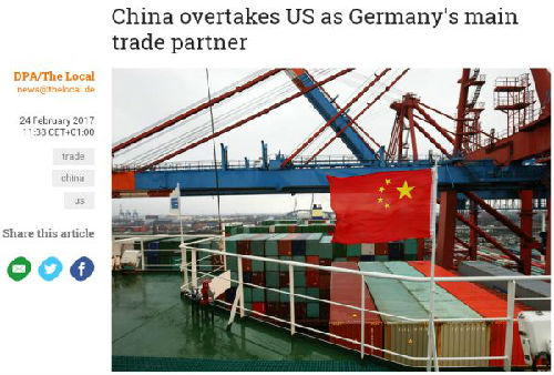 “德国本地新闻”网站的报道：《中国取代美国成为德国最主要的贸易伙伴》。