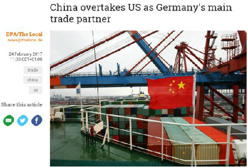 “德国本地新闻”网站的报道:《中国取代美国成为德国最主要的贸易伙伴》。 “德国本地新闻”网站的报道:《中国取代美国成为德国最主要的贸易伙伴》。