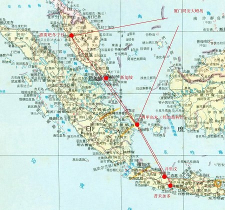 1927～1934年同安大嶝岛籍在南洋各地华侨互寄批信线路示意图