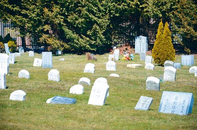 图为中华公所在柏山墓园购置的墓地，也是纽约华人侨团最早购买的墓地之一，现在一些墓碑上的字迹已斑驳不清。（美国《星岛日报》）