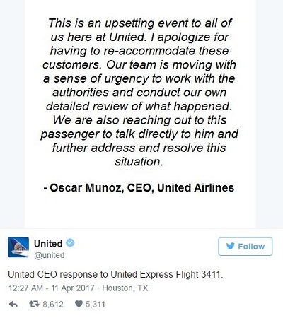 美联航CEO对乘客遭拖拽事件的回应。(图片来源：社交网站“推特”)