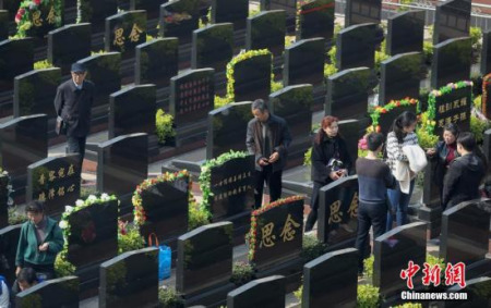 清明节期间，南京市民在当地一处墓园内的墓碑前祭奠亲人。(<a target='_blank' href='http://www.chinanews.com/'>中新社</a>发 泱波 摄)