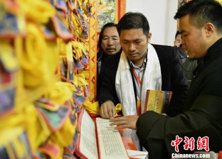 华文媒体记者们了解藏文历史。刘忠俊 摄