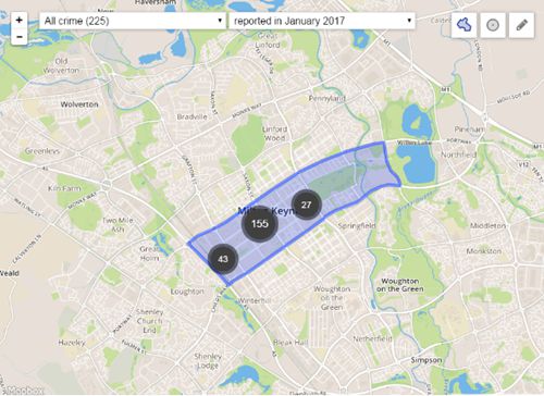 2017年1月米尔顿凯恩斯中心地带犯罪分布图。（英国《英中时报》 来源：英国警局）