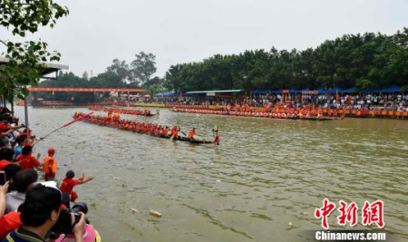 资料图：2016年6月在牛勒河举办广东省第一届传统龙舟争霸赛。图为比赛现场。（图片来源：中国新闻网）
