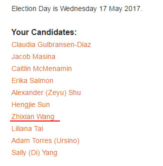 悉尼大学官方网站上公布的学生会主席团候选人名单