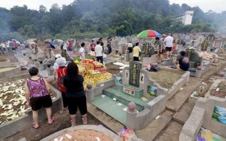 各华人义山扫墓的民众增多，有许多家庭带着祭品连续游走数个墓地拜祭先人。(马来西亚《星洲日报》)