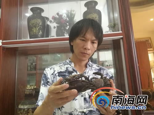 吴名驹注视着他的圆雕作品。(图片来源:南海网) 吴名驹注视着他的圆雕作品。(图片来源:南海网)