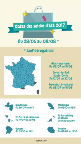 法国各省份夏季打折时间。(图片来源：法国竞争消费打击欺诈总局)