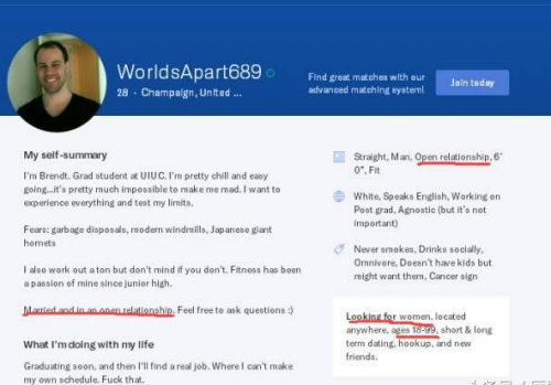 克里斯滕森在美国约会网站Okcupid上的简介 (图源：中国青年网)