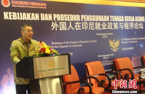 图为中国驻印尼大使馆经商处公使衔参赞王立平出席论坛并致辞。 林永传 摄 图为中国驻印尼大使馆经商处公使衔参赞王立平出席论坛并致辞。 林永传 摄