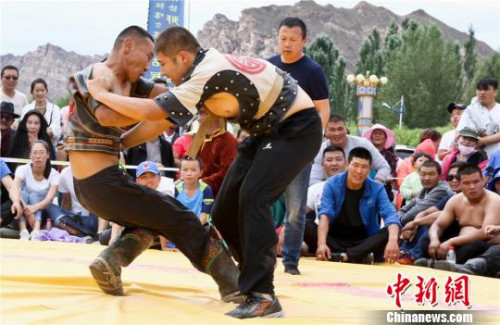 草原上的人们把蒙古式摔跤称为搏克。图为蒙古族博克手在进行博克比赛。　王将 摄