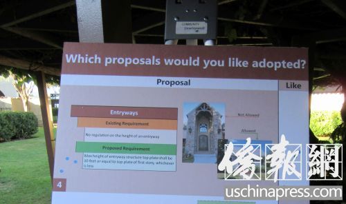 新提案建议不允许住宅正门以两层高的豪华大门形式出现，得到不少参与会议居民贴上赞同的小圆点。(美国《侨报》/翁羽 摄)