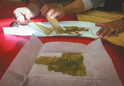 这些数百年的古绢都是邱老师的宝贝,全是她师傅留给她的。用一点少一点,修复古画全靠这些东西。 这些数百年的古绢都是邱老师的宝贝,全是她师傅留给她的。用一点少一点,修复古画全靠这些东西。