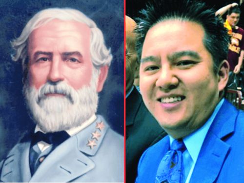 姓名同为罗伯特·李的南军统帅李将军(左)和华裔主播。网络图