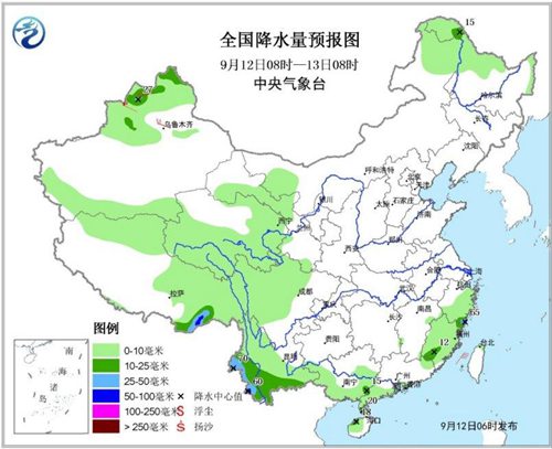 图2 全国降水量预报图(9月12日08时-13日08时) 图2 全国降水量预报图(9月12日08时-13日08时)