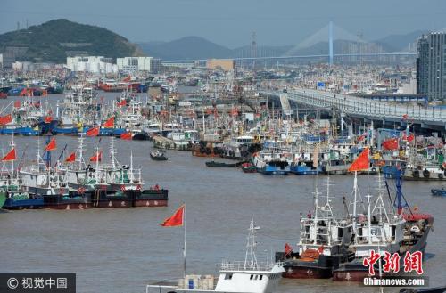 9月13日,浙江舟山,渔船陆续回到沈家门水产码头卸货,再开往就近的沈家门渔港停泊避风。图片来源:视觉中国 9月13日,浙江舟山,渔船陆续回到沈家门水产码头卸货,再开往就近的沈家门渔港停泊避风。图片来源:视觉中国