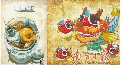 胡庆麟创作的《炭烧老广》系列漫画将小蛮腰等广州地标与本土饮食文化相结合(参见左图)，右图为其创作的广府庙会吉祥物“鳌鱼”。