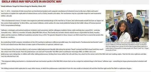 图为犹他州大学对唐晓琳和病毒学家Saveez Saffarian（图片左起：第二）研究项目的介绍，“可能解释了一组包含埃博拉病毒的病毒如何复制，使人生病”。（美国《侨报》援引网页截图）