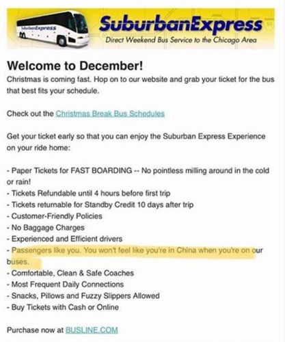 美国芝加哥一家巴士公司向伊利诺伊大学的师生发出12月套票优惠时，写上“像你一样的乘客，乘搭巴士不会感觉身在中国”，触发亚裔学生及校方抗议。（图片来源：英国广播公司网站）