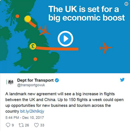 英国交通部发表推文称，计划将直航中国的航班增加至每周150班次。（《欧洲时报》援引网页截图）