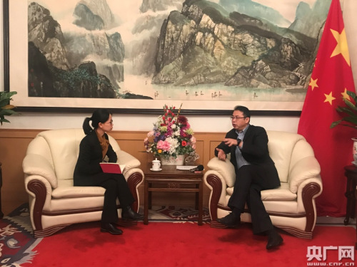 中国驻波兰大使馆临时代办姚东晔接受央广记者沈静文采访。