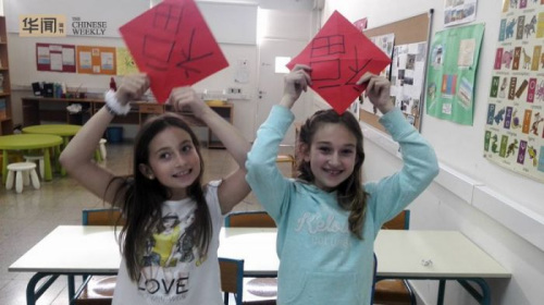 塞浦路斯中文学校两名塞浦路斯和奥地利混血小女孩在展示自己书法课上的作品(图：英国华闻周刊)