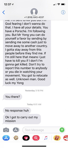 一个自称“杀手”的人通过短信勒索金钱。(杨先生提供图)