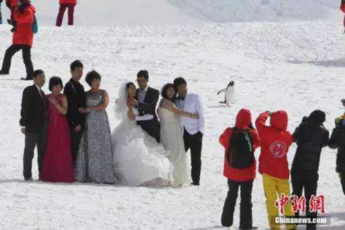  随着出国热的逐步升温，中国人远赴南极大陆，与中外科考队一起探索这片神秘的地方，也不再是许多人的梦想。每年11月份至第二年的2月份，都是去南极探险历程的最好时间。图为中国游客在冰川上拍摄婚纱照。刘延珉/CFP
