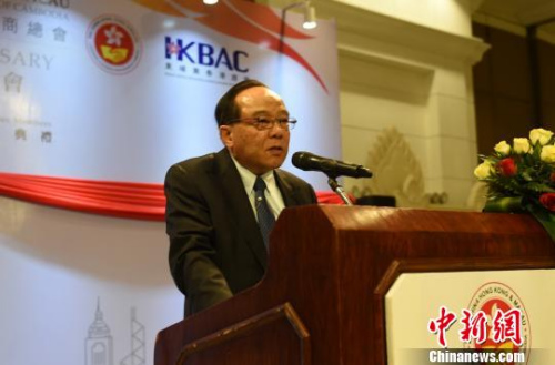 柬埔寨中国港澳侨商总会会长任瑞生勋爵在致辞。 黄耀辉 摄 柬埔寨中国港澳侨商总会会长任瑞生勋爵在致辞。 黄耀辉 摄