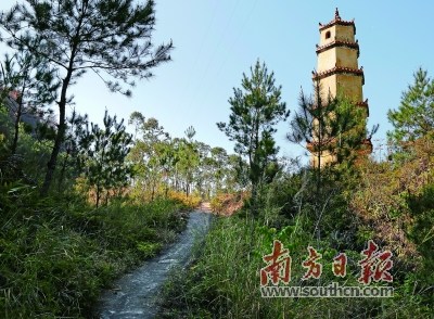 大埔三河坝--潮州饶平麒麟岭古驿道上的遗存:余里古道,右边是余峰塔。 刘招迎 摄 大埔三河坝--潮州饶平麒麟岭古驿道上的遗存:余里古道,右边是余峰塔。 刘招迎 摄