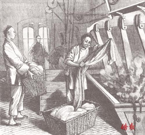 描绘1881年旧金山华人洗衣店的图画。(美国《侨报》资料图)