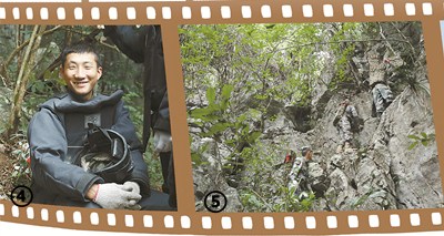 图④：休息间隙，一名排雷战士摘下头盔，笑容灿烂；图⑤：官兵攀爬绝壁，搬运物资。图片来源：解放军报