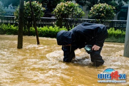 断枝树叶堆积在雨水篦子外导致排水不畅，工作人员徒手清理雨水篦子，确保排水通畅。　成都市城管委 摄