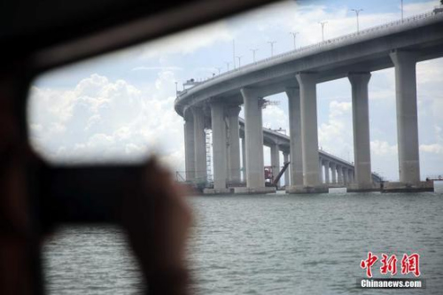 资料图：香港市民在轮船上拍摄港珠澳大桥香港段。<a target='_blank' href='http://www.chinanews.com/'>中新社</a>记者 洪少葵 摄