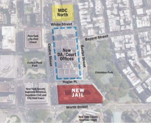 曼哈顿新监狱选址示意图。（美国中文网）