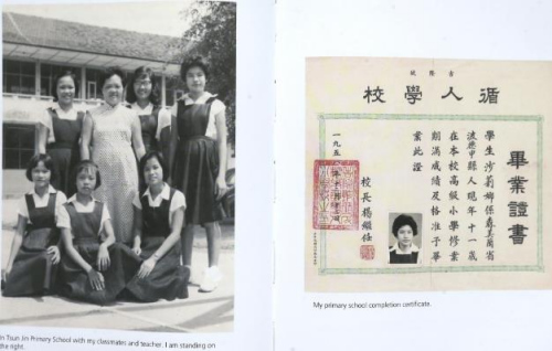 莎莉娜从直落甘望中华公学转校至循人学校,继续其华文教育之路,并获得小学毕业证书。照片中的莎莉娜(站者右一)与老师和同学合影。(图片来源:马来西亚《星洲日报》) 莎莉娜从直落甘望中华公学转校至循人学校,继续其华文教育之路,并获得小学毕业证书。照片中的莎莉娜(站者右一)与老师和同学合影。(图片来源:马来西亚《星洲日报》)