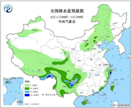 图1 全国降水量预报图(9月11日08时-12日08时) 图1 全国降水量预报图(9月11日08时-12日08时)