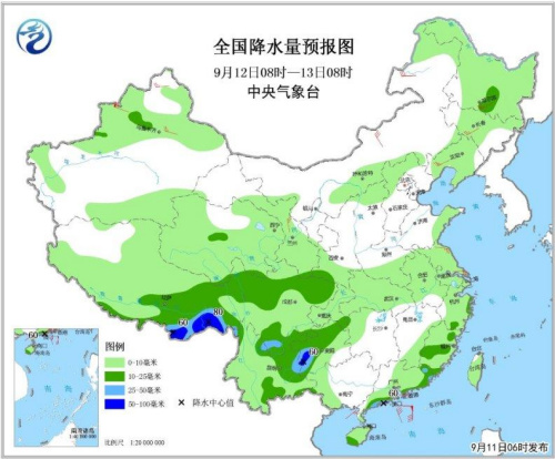 图2 全国降水量预报图(9月12日08时-13日08时)