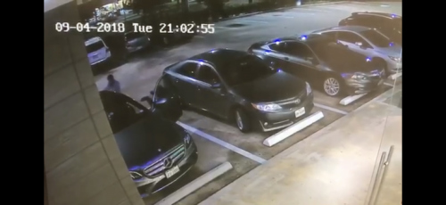 9月4日晚间发生在百利大道85°C面包房的抢劫案，女事主刚一下车就被埋伏在旁边的犯罪分子袭击。(图源：监控画面)