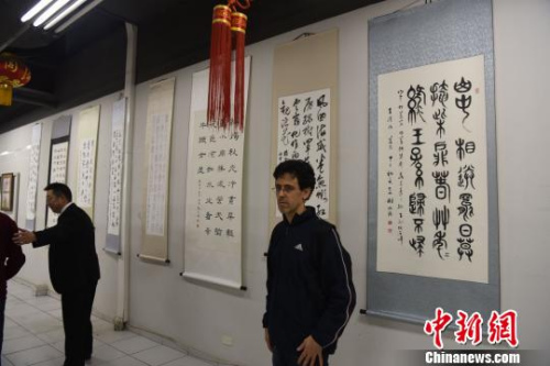 图为巴西友人参观书画展。　莫成雄 摄