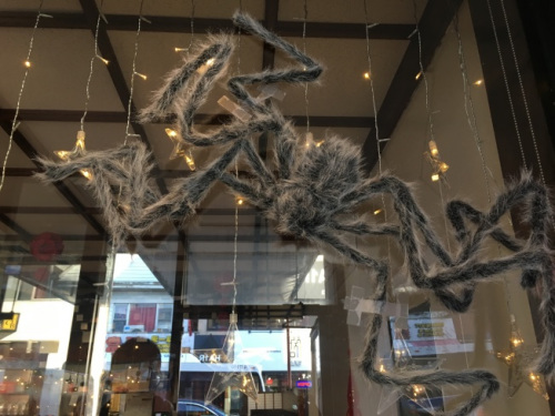 蜘蛛网、蜘蛛及蝙蝠多为商家装饰于店内的材料,图为老城一锅店外装饰。(美国《世界日报》/赖蕙榆 摄) 蜘蛛网、蜘蛛及蝙蝠多为商家装饰于店内的材料,图为老城一锅店外装饰。(美国《世界日报》/赖蕙榆 摄)